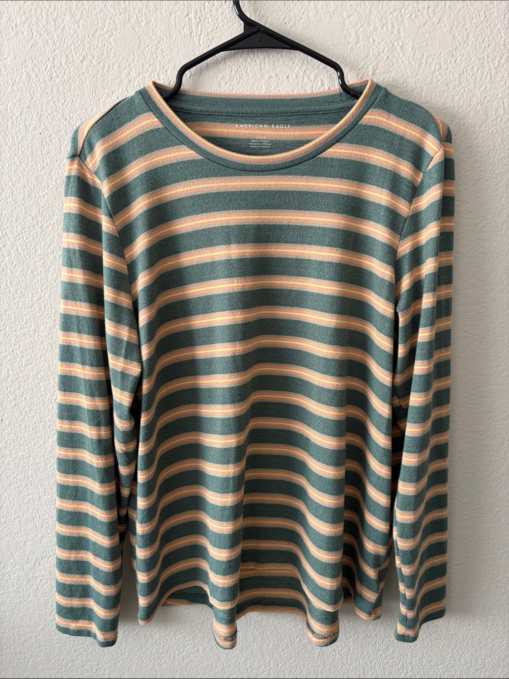 American Eagle Green, Orange & Cream Striped Knit Top Size Large